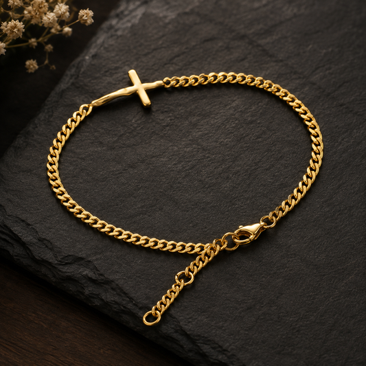 Pulsera con Cruz en oro 18K con cadena ajustable de 18 a 20 cm